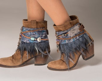 Stiefelüberzüge / Stiefelzubehör / Stiefeldekoration Blauer Seidenüberzug im Boho-Stil / Boho Boot Manschetten