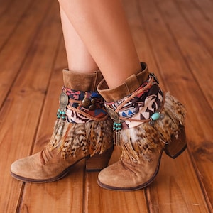 Boho Boot Covers with Ethnic Scarf and Feather Fringe | Handmade Western Boot Cuffs | Festival Cowgirl Accessories image 12