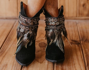 Boho Feather Boot Covers With Coins and Chain | Festival Boot Cuffs for Women | Western Boot Accessories | Cowgirl Boot Covers