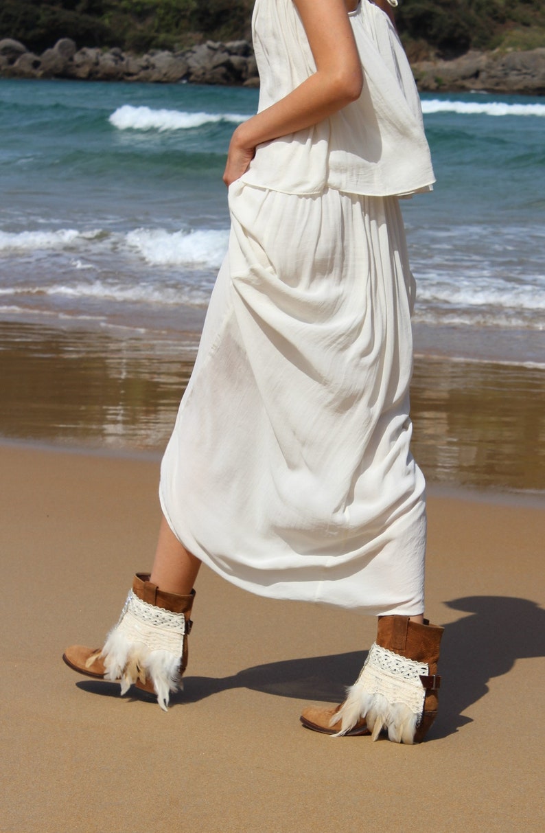 Boho Bruidslaarzen Covers met Ivoren Veren en Kant | Handgemaakte Boho Boots Accessoire voor Bruiloft afbeelding 9