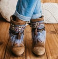 Boho Festival Boot Covers With Blue Feathers Embroidered Trim Velvet Coins And Tassel | Handmade Western Boot Cuffs For Women