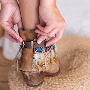 Boho Boot Covers with Ethnic Scarf and Feather Fringe | Handmade Western Boot Cuffs | Festival Cowgirl Accessories image 8