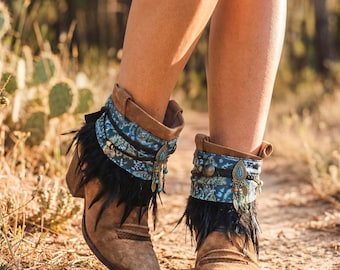 Boho Black Feather Boot Covers with Vintage Sari Silk | Handmade Western Boot Cuffs | Festival Boot Accessories