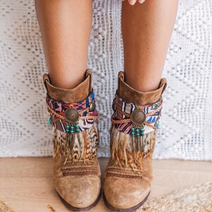 Boho Boot Covers with Ethnic Scarf and Feather Fringe | Handmade Western Boot Cuffs | Festival Cowgirl Accessories image 20