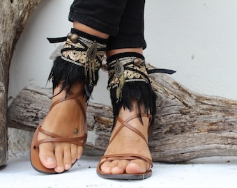 Black Boho Feather Anklet Cuffs | Festival Ankle Wrap Sandal Accessories | Gold Embroidered Foot Jewelry for Women
