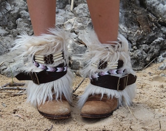 Western Boot Covers, Native American Boot Wrap with Leather Belt, Hippie Ankle Bracelet, Boot Covers, Boho Boot Cuffs