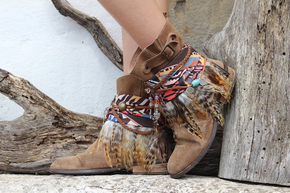Boho Boot Covers with Beige Feather Fringe and Multicolor Ethnic Scarf | Western Festival Boot Cuffs Handmade