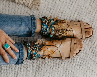 Feather Sandals, ankle Cuffs, Bohemian Sandals, Fashionable Boho Feathered Footwear Accessories - Gift For The FreeSpirit