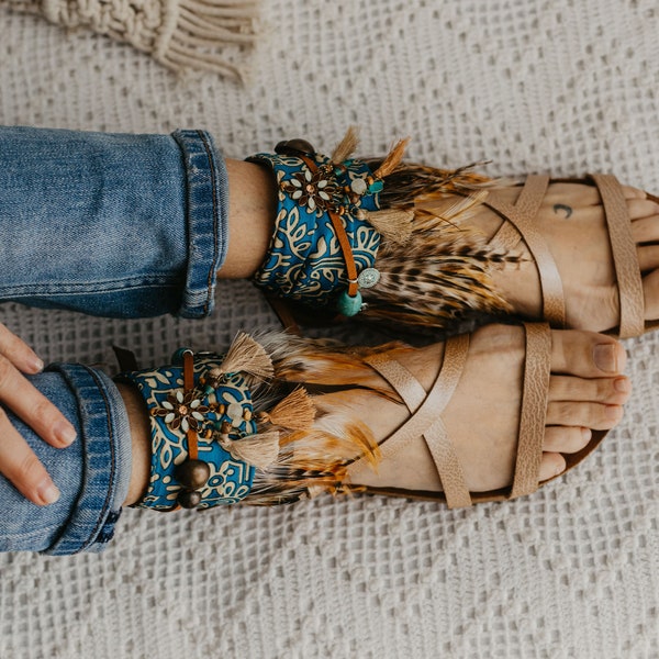 Feather Sandals, ankle Cuffs, Bohemian Sandals, Fashionable Boho Feathered Footwear Accessories - Gift For The FreeSpirit