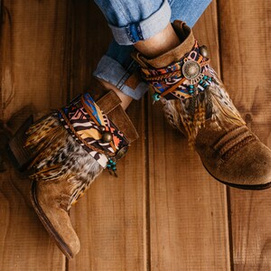 Boho Boot Covers with Ethnic Scarf and Feather Fringe | Handmade Western Boot Cuffs | Festival Cowgirl Accessories image 10