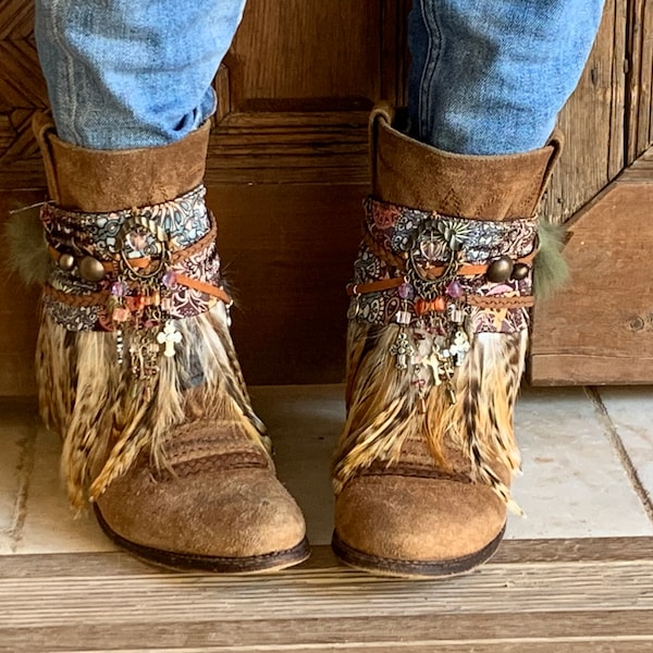 Tribal Beaded Feather Boot Covers, Bohemian Ethnic Footwear, Women's Adjustable Boho Boot Cuffs, Festival Ankle Bootie Covers with Fringe