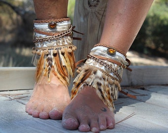 Boho Sandals Gold Fringe Wrap with Feather and Embroidered Trim | Festival Summer Statement with Chain Detail