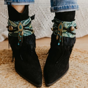 Turquoise Ankle Boot Cuffs | Black Feather High Knee Boot Topper | Boho Hippie Ankle Bracelet | Indie Foot Jewelry | Cowgirl Booties Cover