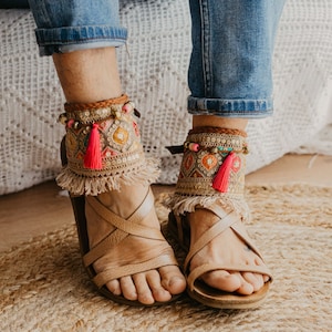 Boho Barefoot Sandal Ankle Wraps, Stylish Hippie Footwear, Trendy Beach Shoes, Fashionable Summer Sandals, Handmade Bohemian Sandal Covers