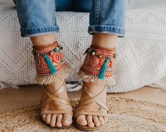 Boho Sandal Ankle Belts, Wrap Around Ankle Cuffs, Bohemian Sandals, Fashionable Boho Footwear Accessory, Gift for Free Spirited Fashionista