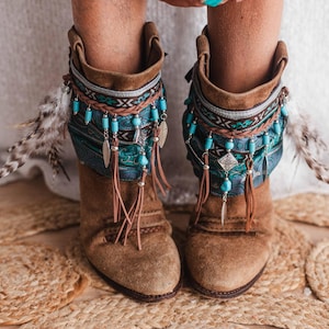 LAARZENOVERS MET ETNISCH ontwerp met franje, turkooiskleurige manchetten en cowgirl-bling, stijlvolle laarstoppers en accessoires voor liefhebbers van cosplay