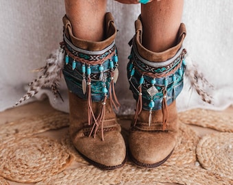 Boho Turquoise Boot Covers with Feather Accents | Western Cowgirl Boot Cuffs for Festival Boots | Handmade Boot Accessories