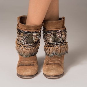 Boho Fringe Boot Covers | Embroidered Boot Toppers With Camel Feathers And Khaki Tassel | Western Boot Cuffs | Festival Boot Cuffs Gift Her