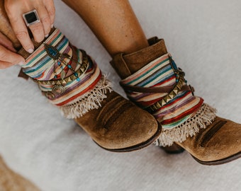 Colorful Western Fringe Boot Covers with Beaded Embellishment, Tribal Ankle Boot Cuffs, Boho Decorative Bootie Covers, Cowgirl Fashion