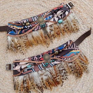 Boho Boot Covers with Ethnic Scarf and Feather Fringe | Handmade Western Boot Cuffs | Festival Cowgirl Accessories image 2
