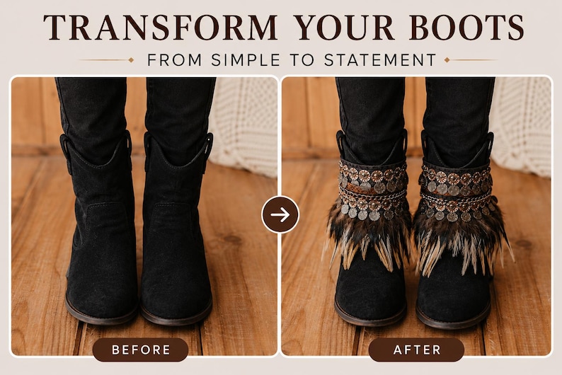 May include: A comparison image titled TRANSFORM YOUR BOOTS FROM SIMPLE TO STATEMENT. The left side shows plain black ankle boots. The right side shows the same boots adorned with decorative cuffs featuring metallic coins, chains, and brown feathers.