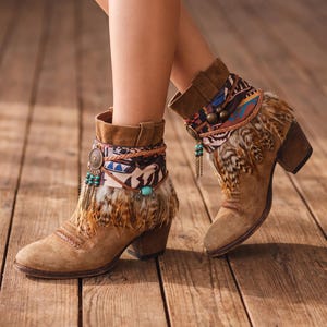 Boho Boot Covers with Ethnic Scarf and Feather Fringe | Handmade Western Boot Cuffs | Festival Cowgirl Accessories image 4