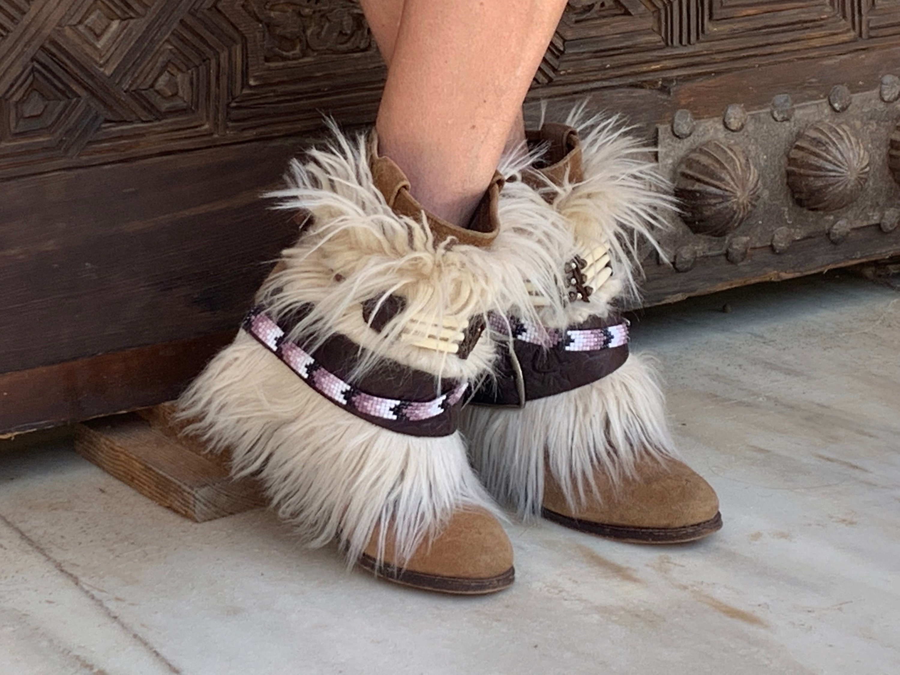 Chic WESTERN BOOT COVERS Wraps With Ecru Faux Fur and Leather Straps Featuring Unique Native American Designs for Boho Style Etsy