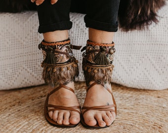 Boho Feather Anklets, Leather Sandal Ankle Cuffs, Ethnic Feather Ankle Belt, Designer Women's Footwear Accessory, Handmade Tribal Anklet
