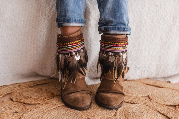 Boho Boot Covers with Brown and Vanilla Feather Fringe | Handmade Boot Cuffs with Beaded Trim and Vintage Coins