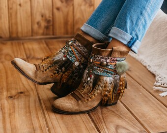 Boot Covers Bohemian Ankle Boots Boho Feather Boot Cuffs Beige