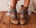 Boho Boot Covers Brown Suede with Khaki Feathers & Vintage Sari | Festival Cowgirl Western Boot Cuffs and Accessories for Women product logo