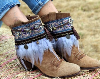 BOHO FEATHER Boot Cuffs With Velvet Beads Handmade Festival