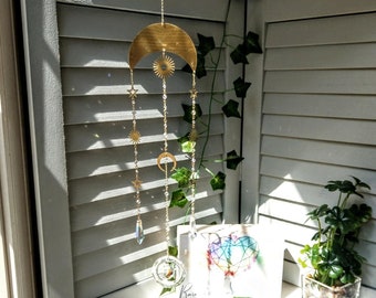 Celestial #1 -  Gold/Brass Crystal Sun Moon Stars Suncatcher Mobile / Rainbow Maker / Prism Sun Catcher (Rainbows and Whimsy)