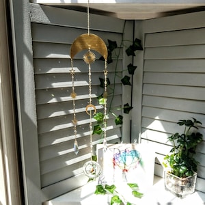 Celestial #1 -  Gold/Brass Crystal Sun Moon Stars Suncatcher Mobile / Rainbow Maker / Prism Sun Catcher (Rainbows and Whimsy)