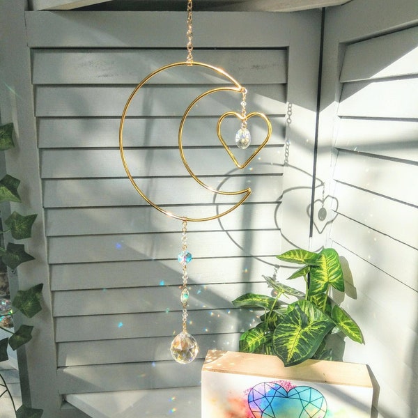 I love you to the moon and back - Celestial AB Crystal Suncatcher Moon Heart / Rainbow Maker / Prism Sun Catcher (Rainbows And Whimsy)