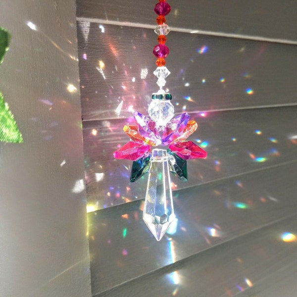 Orange Fuchsia Teal (Green) Carnival Crystal Angel Suncatcher  / Rainbow Maker / Prism Sun Catcher / Window Car Decor (Rainbows and Whimsy)