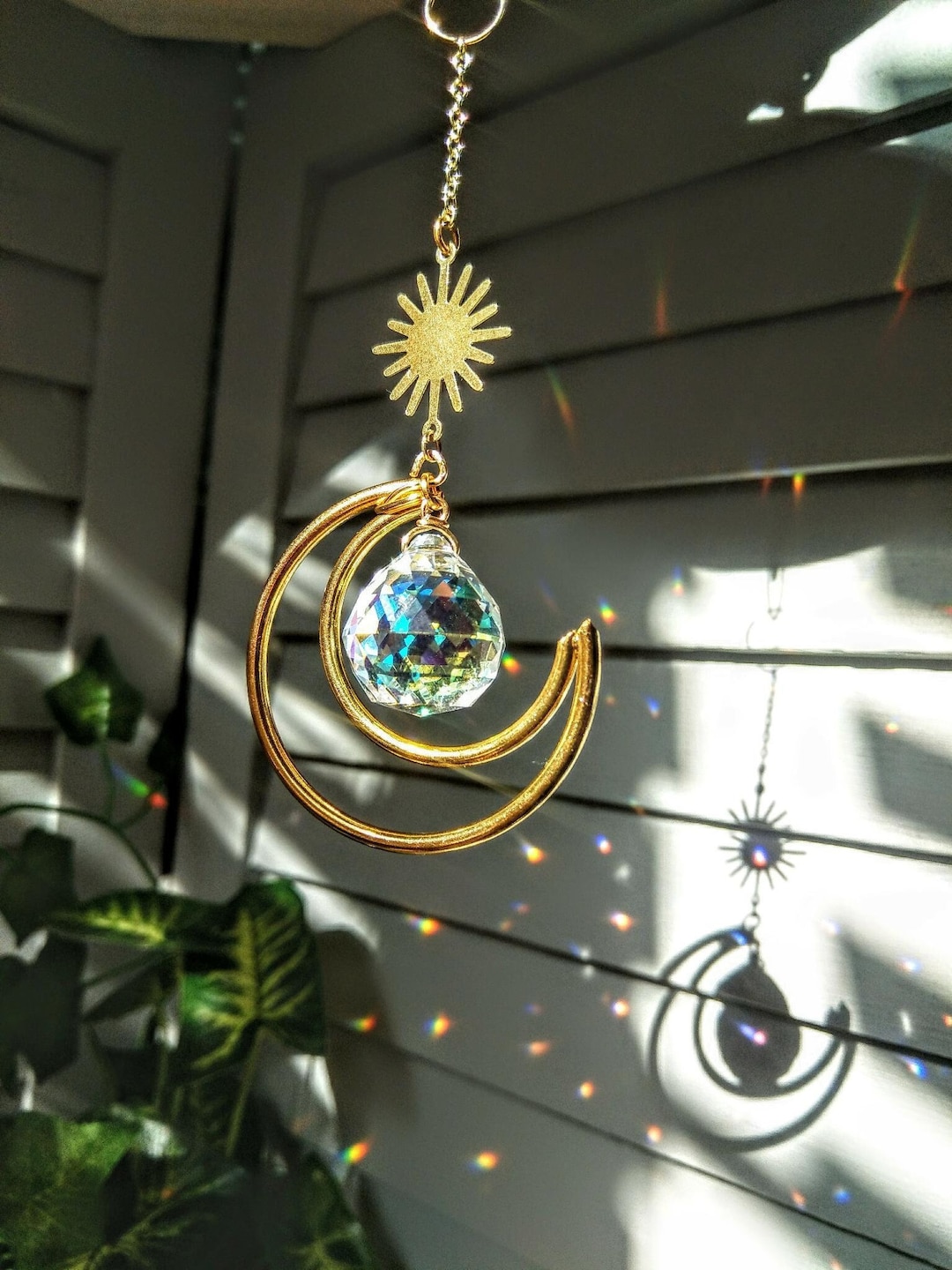 Celestial #9 - AB Crystal Sun Moon Charm / Suncatcher Mobile / Rainbow ...