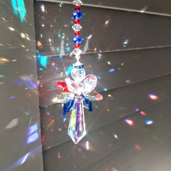 Red Blue Patriotic Crystal Angel Suncatcher  / Rainbow Maker / Prism Sun Catcher / Window Car Decor (Rainbows and Whimsy)