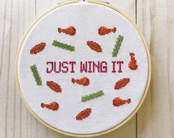 Just Wing It cross stitch pattern, buffalo wings, hot wings, funny cross stitch, easy, beginner, kitchen decor gift for best friend birthday