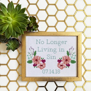 KIT- Custom wedding cross stitch, no longer living in sin, funny cross stitch, modern, wedding gift, housewarming, couple, floral