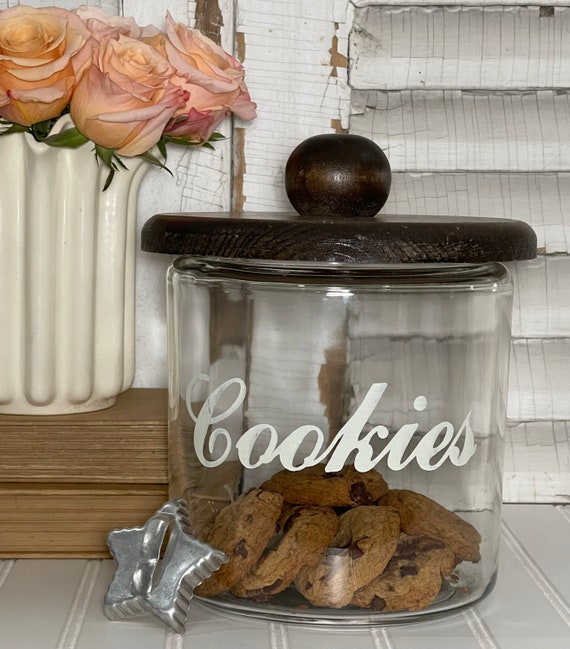 Vintage Glass Large Cookie Jar Wood Top Rustic Kitchen Farmhouse