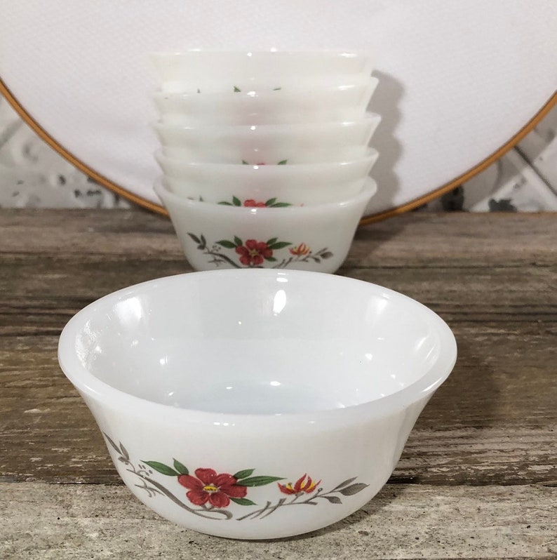 Glassbake Milk Glass Floral Ramekins Dessert Cups Vintage Kitchen Set of 6