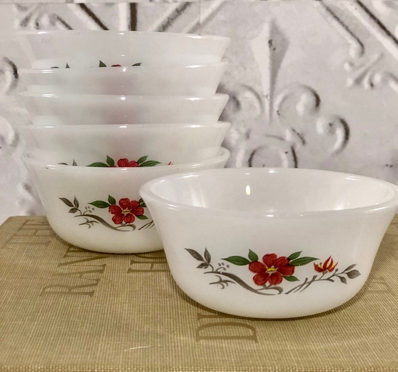 Glassbake Milk Glass Floral Ramekins Dessert Cups Vintage Kitchen Set of 6