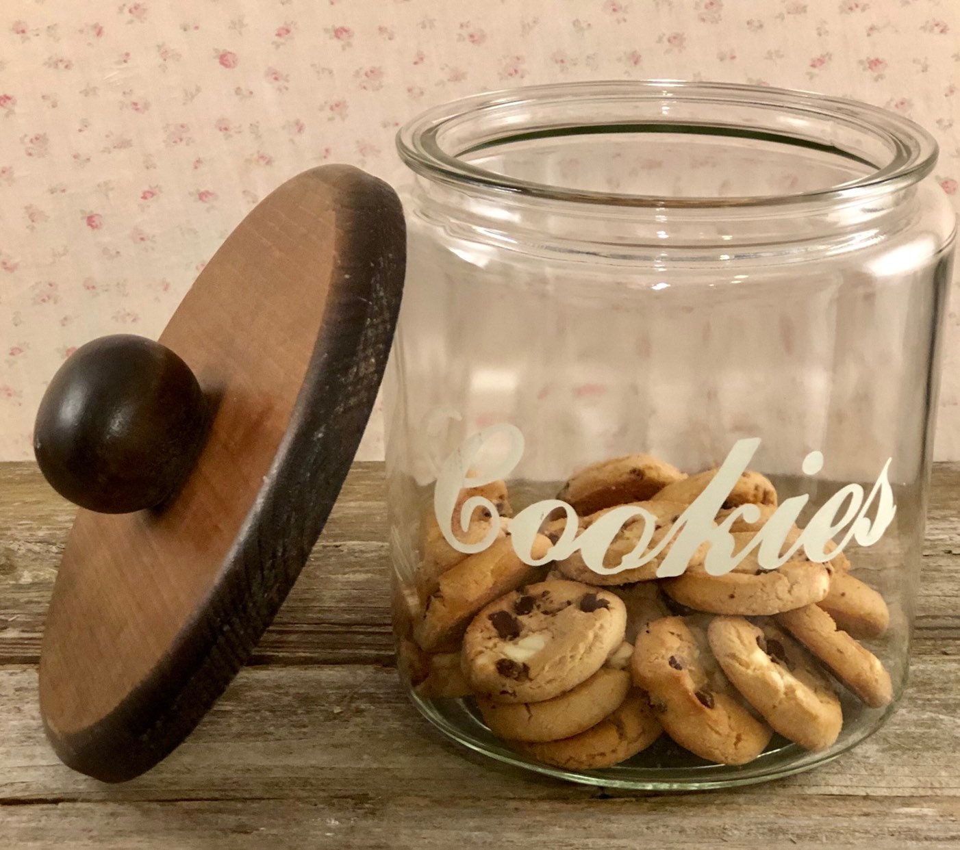 Vintage Glass Large Cookie Jar Wood Top, Rustic Kitchen, Farmhouse