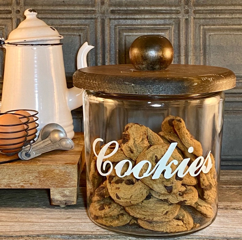 Vintage Glass Large Cookie Jar Wood Top Rustic Kitchen Etsy