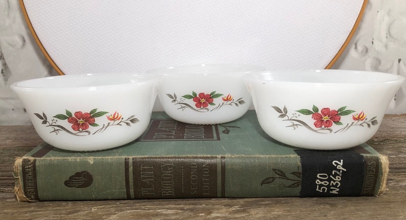 Glassbake Milk Glass Floral Ramekins Dessert Cups Vintage Kitchen Set of 6
