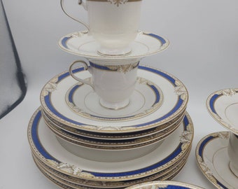 Mikasa Blue Grimaldi 19-Pc Complete Dinnerware Set Gold Rim 1980's 4-Places