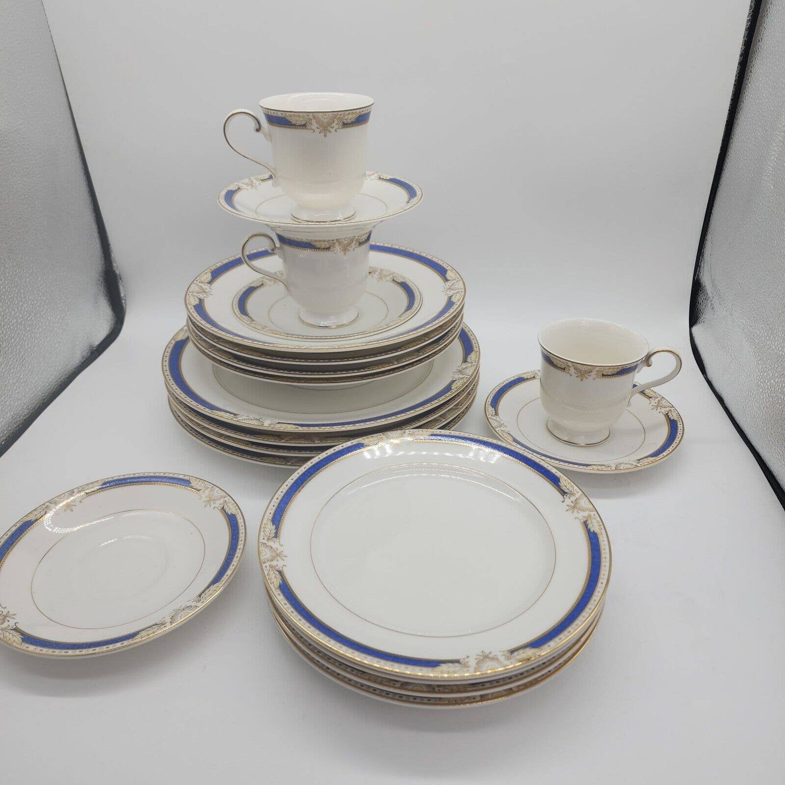 Complete Dinnerware Set Mikasa Blue Grimaldi 19-pc Complete Dinnerware Set Gold Rim 1980's 4 ...