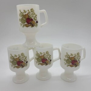 Vintage Spice Of Life Milk Glass Pedestal Footed Mugs Corning 4 Cups Vegetables