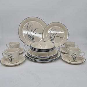 May include: A cream-colored dinnerware set with a blue rim and a wheat stalk design. The set includes plates, bowls, saucers, and cups. The plates measure approximately 10 inches in diameter.